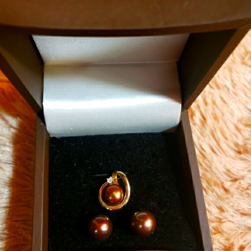 14K SOLID YG 9.7 MM EACH ROUND CHOC TAHITIAN SET - Picture 4 of 11